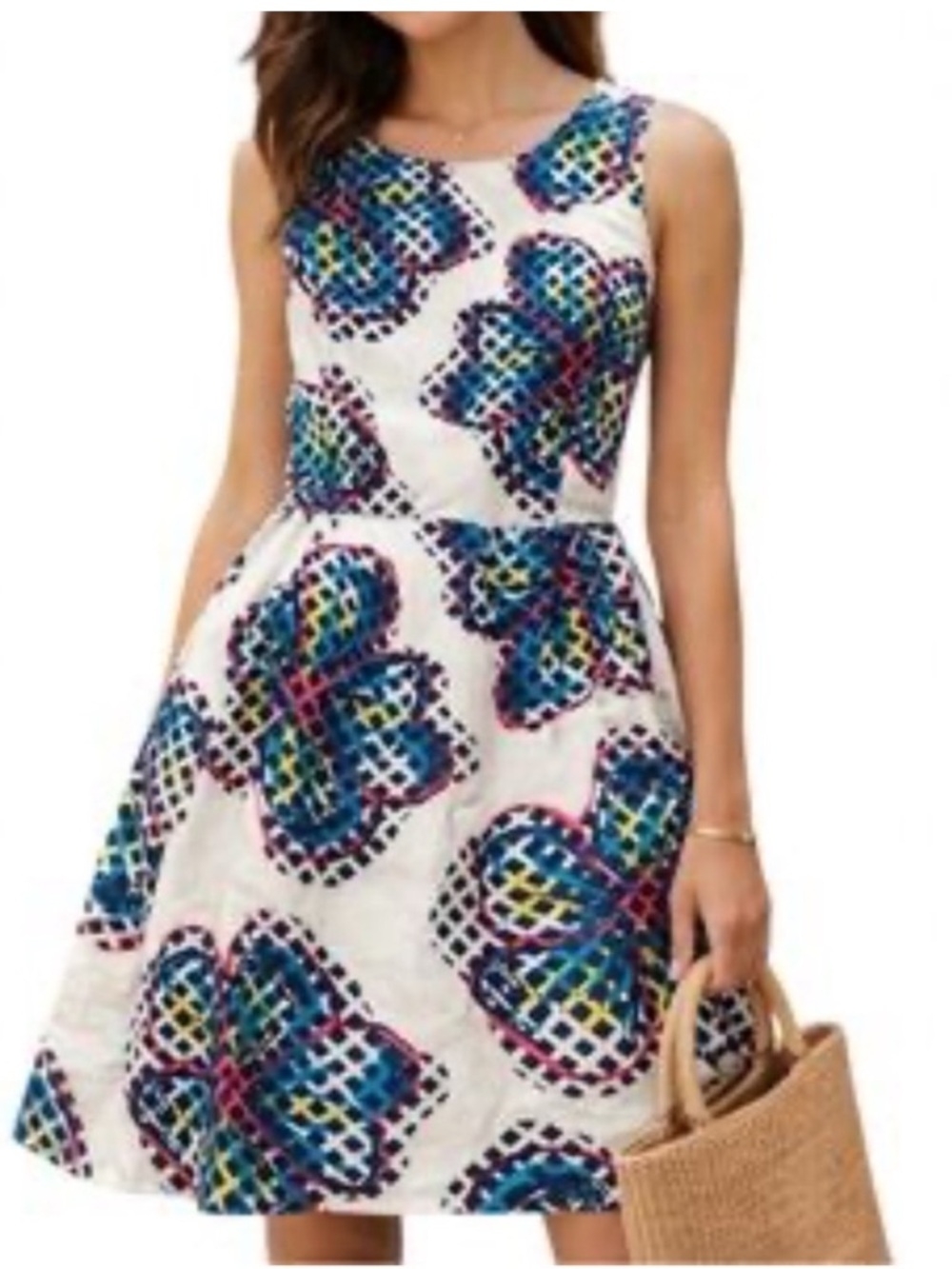 Kaari Blue Geometric Floral 100% Linen Sleeveless Dress W/Pockets
